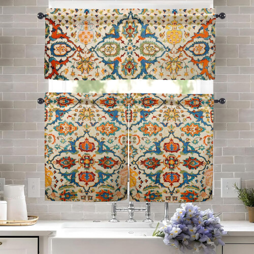 Boho Kitchen Curtains and Valances Set 3-Piece 36 Inch Rod