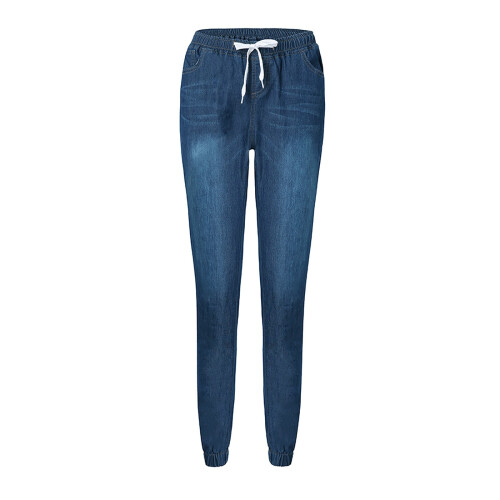 Women's High-Waisted Elastic Lace-Up Washed Denim Pants 2
