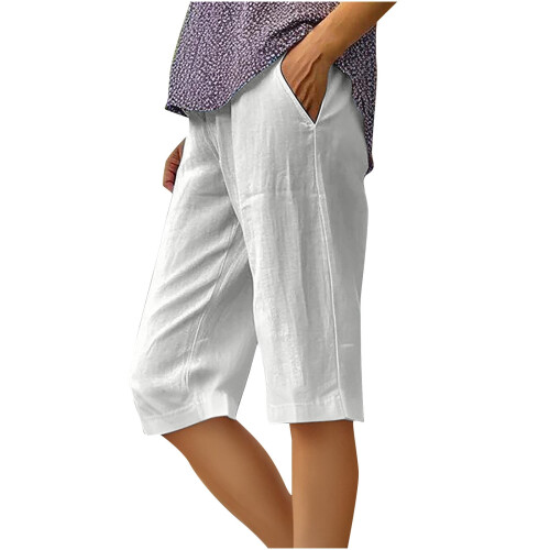 Bermudashorts i bomull og lin med snøring i midjen til dame 2