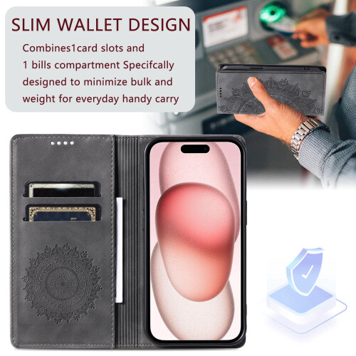 Flip-Wallet-Hülle für iPhone XR, graues geprägtes Leder 2