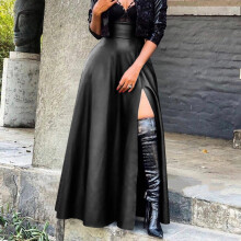 Women's Black Maxi Leather Skirt with High Split and