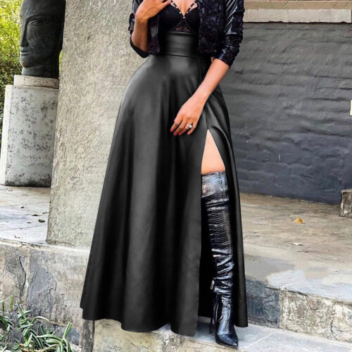 Women's Black Maxi Leather Skirt with High Split and