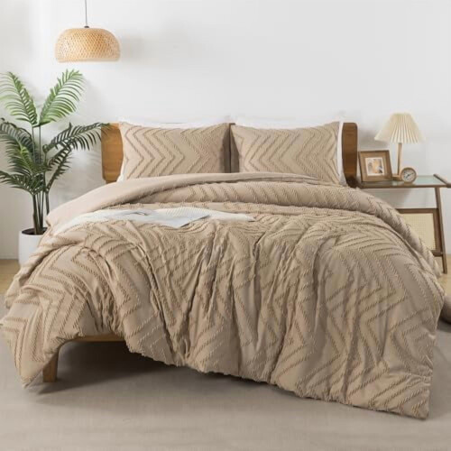 Taupe Boho Queen Comforter Set 3-Piece Tufted Chevron 1