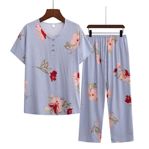 Women's Summer Printed 2-Piece Pajama Set Round Neck Top 1