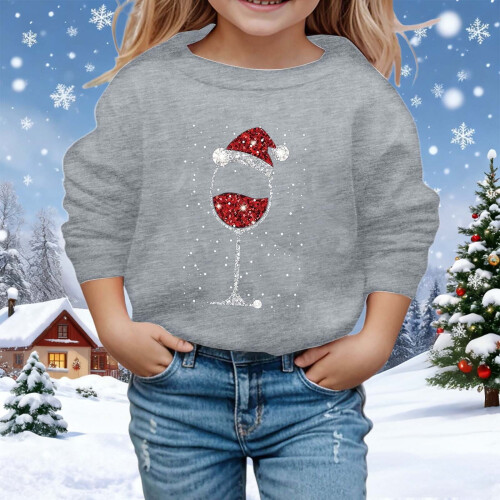 Kids Santa Pullover Red Tall Glass Print Round Neck Long 1