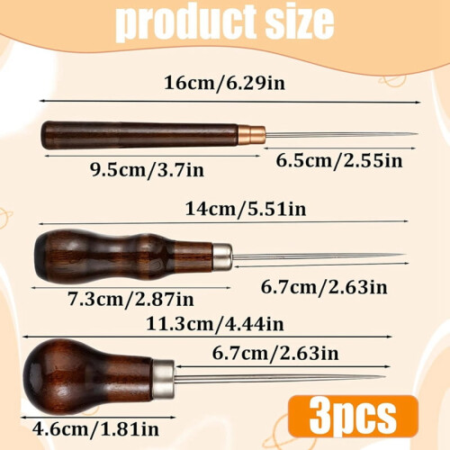 Leather Awl Tool Set Wooden Handle 3 Pcs 1