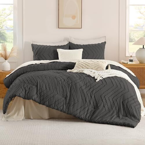 Dark Grey King Comforter Set Boho Tufted 3-Piece 1