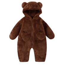 Baby Plush Hooded Bear-Print Onesie Set Brown Size 80