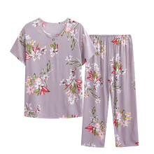 Women's Summer Printed Pajama Set Round Neck Top Elastic