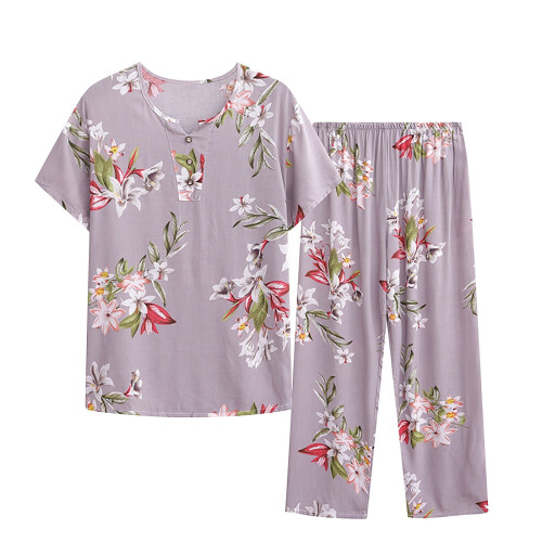 Women's Summer Printed Pajama Set Round Neck Top Elastic