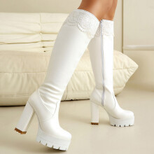 Women's Mid-Calf Boots Chunky Heel Lace Trim Equestrian