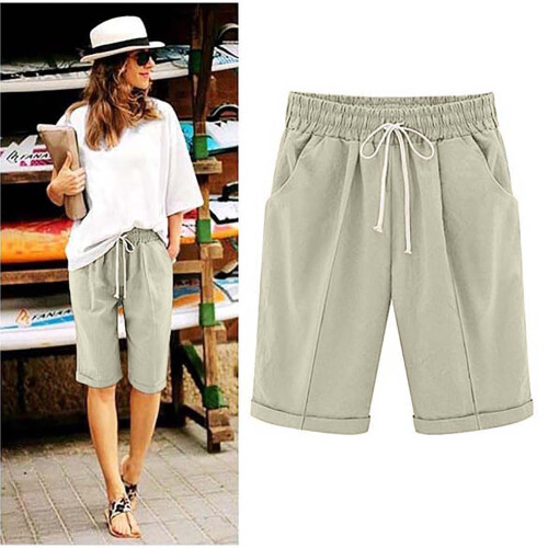 Bermudas de algodón y lino para mujer, color liso, corte recto.