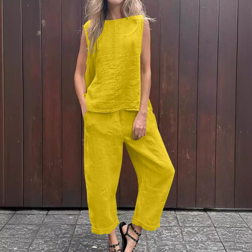 Women's Cotton Tracksuit Set Solid Sleeveless Top and Pants 1