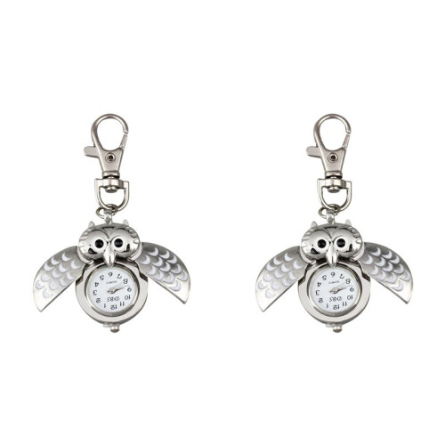 2X Owl Pocket Watch with Key Chain 40 X 25 mm Silver