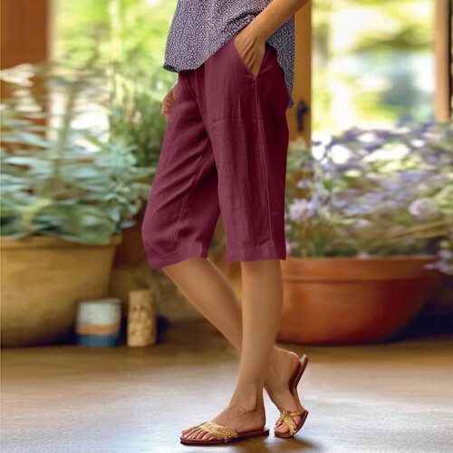Bermudas de algodón y lino para mujer, pierna recta y elástico. 1