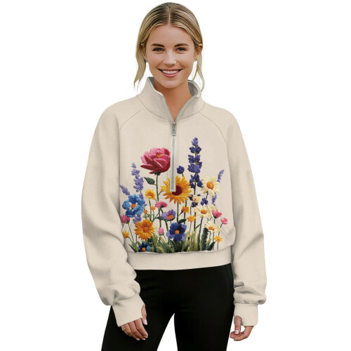 Women's Oversized Quarter-Zip Cropped Sweatshirt Floral