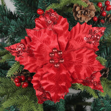 Artificial Silk Poinsettia Wreath Red White Gold Glitter