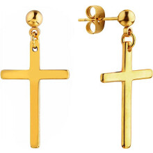 Stainless Steel Cross Dangle Stud Earrings Gold Pair