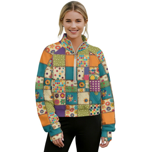 Dames cropped sweatshirt met halve rits en zonnebloem patchwork