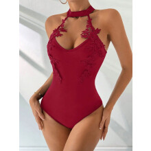 Women's Halter Neck Lace Jacquard Bodysuit Sleeveless