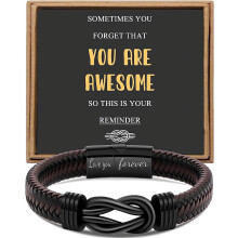 Men's Brown Woven Leather Stainless Steel Bracelet Engraved
