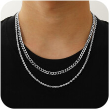 Layered Cuban Rope Herringbone Chain Necklace Set 2 pcs