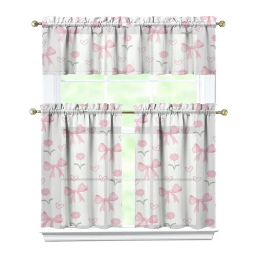 Pink Bow Kitchen Curtain Valance Set 36 inch