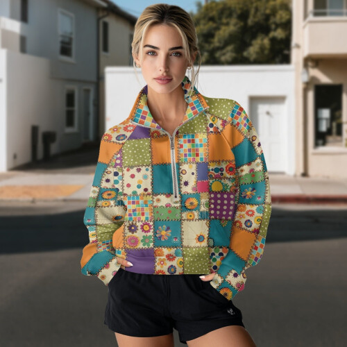 Dames cropped sweatshirt met halve rits en zonnebloem patchwork 2