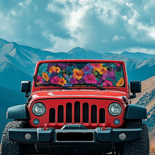 Foldable Windshield Sun Shade Hibiscus Design for Jeep 1