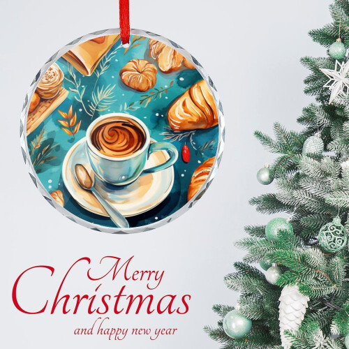 Coffee and Bread Christmas Ornament Glass Round 1 Pack 2
