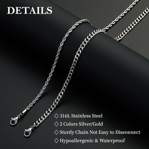Layered Cuban Rope Herringbone Chain Necklace Set 2 pcs 2