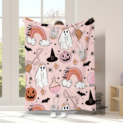 Flannel Blanket Pink Rainbow Halloween Print Reversible 1