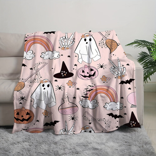 Flannel Blanket Pink Rainbow Halloween Print Reversible 2