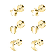 Heart Star Moon Stud Earrings for Cartilage Piercing 3 Pairs