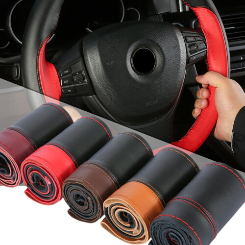 Hand-sewn leather steering wheel cover black 38cm 2