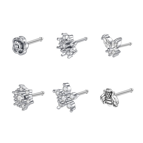 Zirconia Nose Studs Bone Shape Flower Snow Stainless Steel