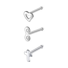 CZ Nose Studs Bone Shape Heart Infinity Cross 3 Pcs