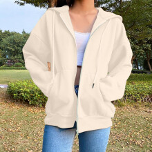Women's Solid Color Zip-Up Hoodie Loose Fit Sweatshirt with