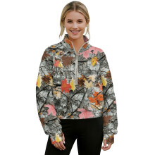 Cropped Hoodie Sweatshirt Camo Forest Gray Half Zip