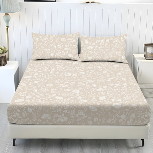 King Size Fitted Sheet Set with 2 Pillowcases Floral Beige