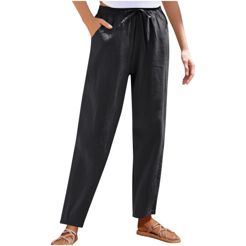 Women's Cotton Linen Pants Solid Color Wide Leg with 2