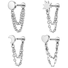 Stainless Steel Stud Earrings with Chain 4 Pcs