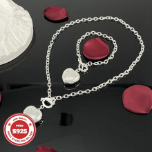S925 Silver Heart Pendant Necklace and Bracelet Set 2 pcs