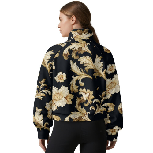 Women's Half-Zip Sweatshirt Black Flower Leaf Design M 1
