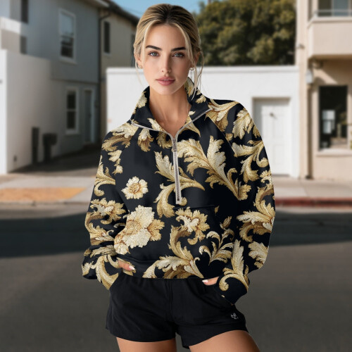 Women's Half-Zip Sweatshirt Black Flower Leaf Design M 2