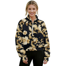 Women's Half-Zip Sweatshirt Black Flower Leaf Design M