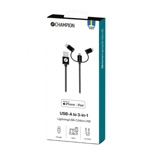 USB-A to Lightning, USB-C and Micro-USB 1.5m Black
