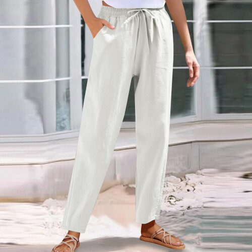 Women's Cotton Linen Pants Solid Color Wide Leg with 1