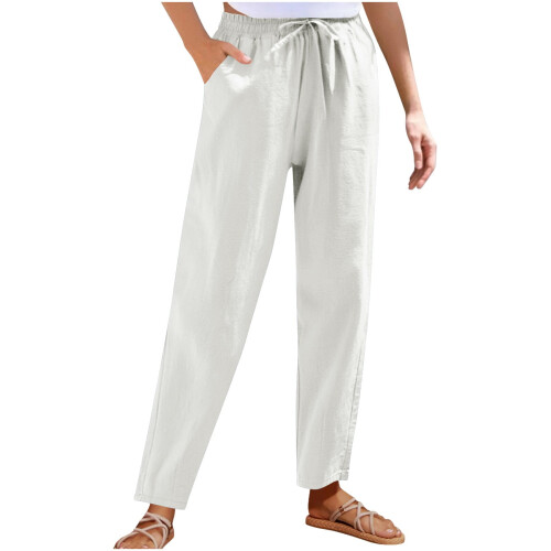 Women's Cotton Linen Pants Solid Color Wide Leg with 2