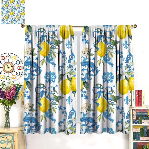 Watercolor Lemon Kitchen Curtains Rustic Blue Tile 1